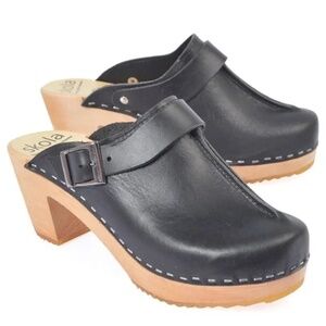 Skola Black Leather Slip-on Heeled Isabelle Wooden Clogs - Size EU 38